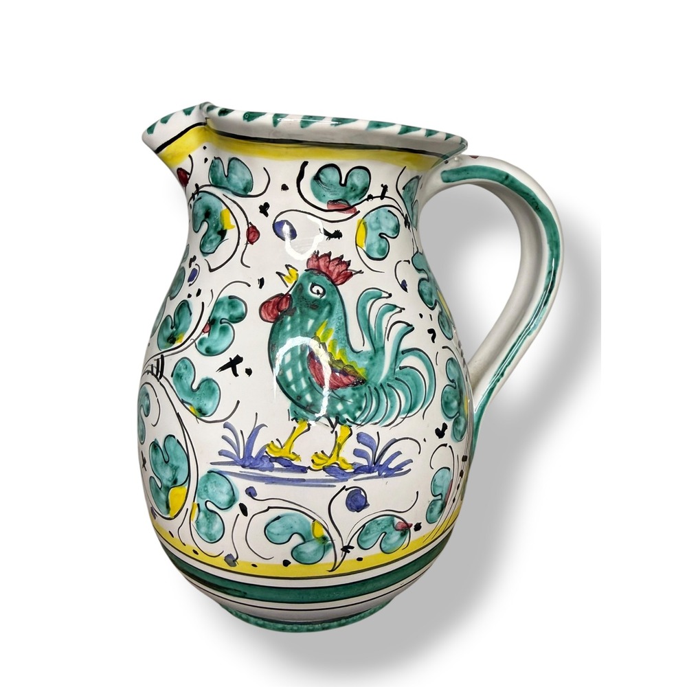 Vtg Raffaellesco Deruta Italy Majolica  Galleto Verde Rooster Pitcher Pottery